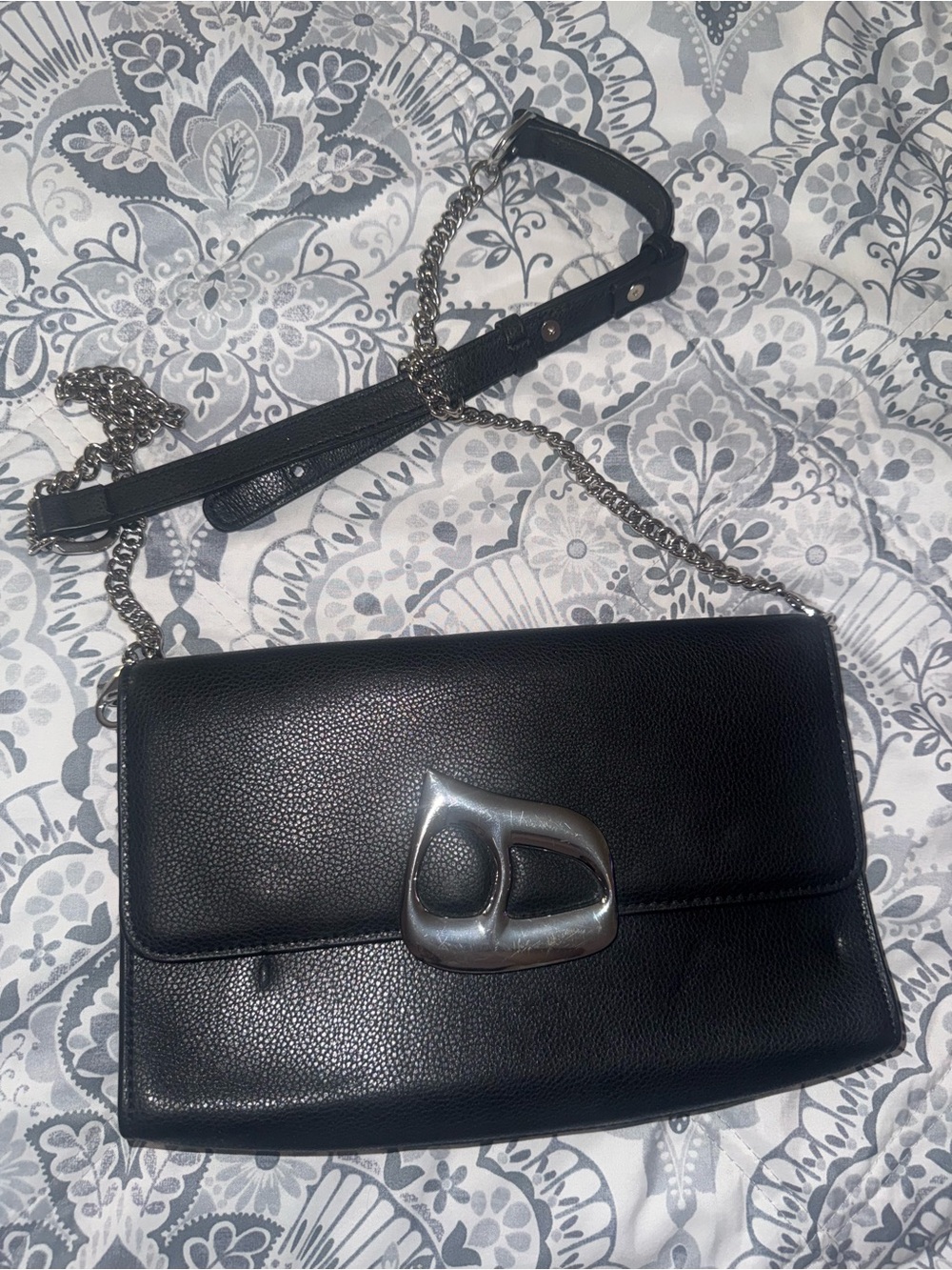 NIMAMY Black Leather Crossbody Bag with Silver Sculpted Buckle